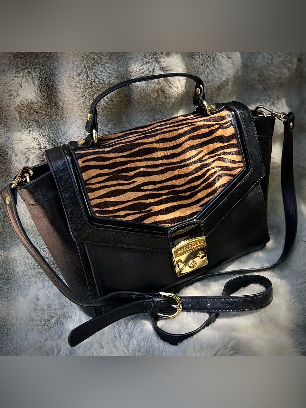 Antonio Melani Black Leather & Tiger Haircalf Satchel